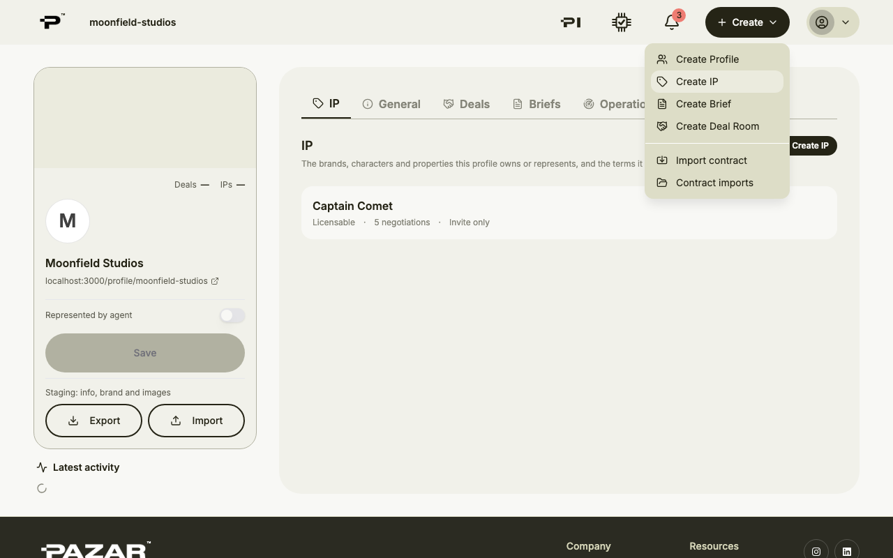The Create menu open in the top bar, with Create IP highlighted