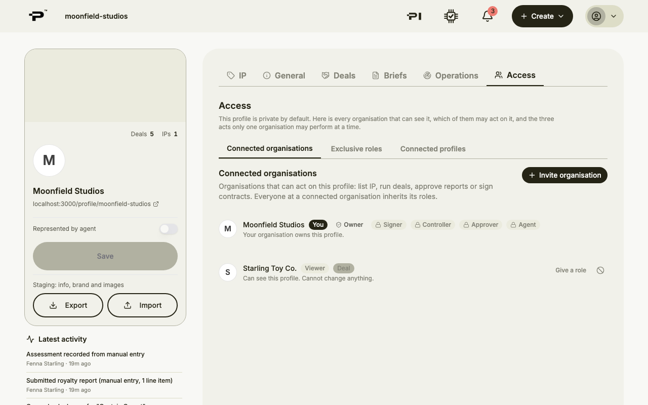 The Access tab listing connected organisations