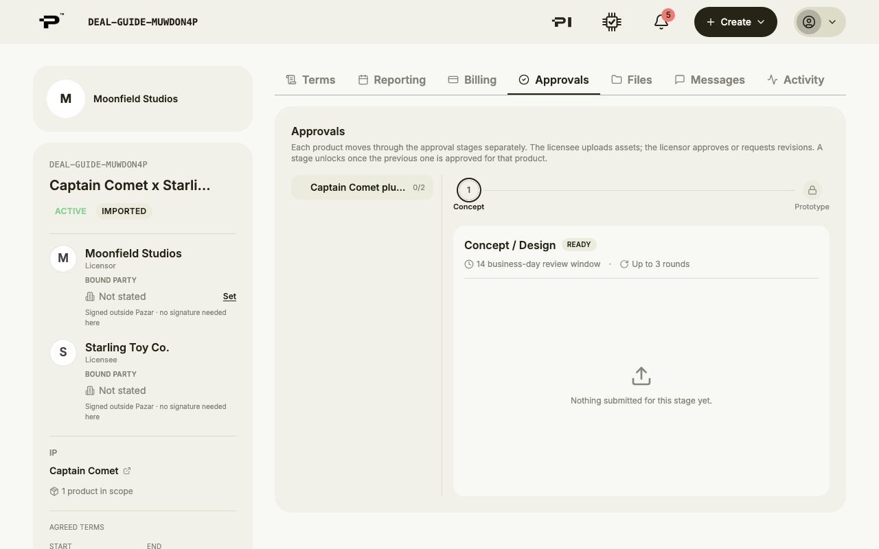 The Approvals tab with a product and its stages