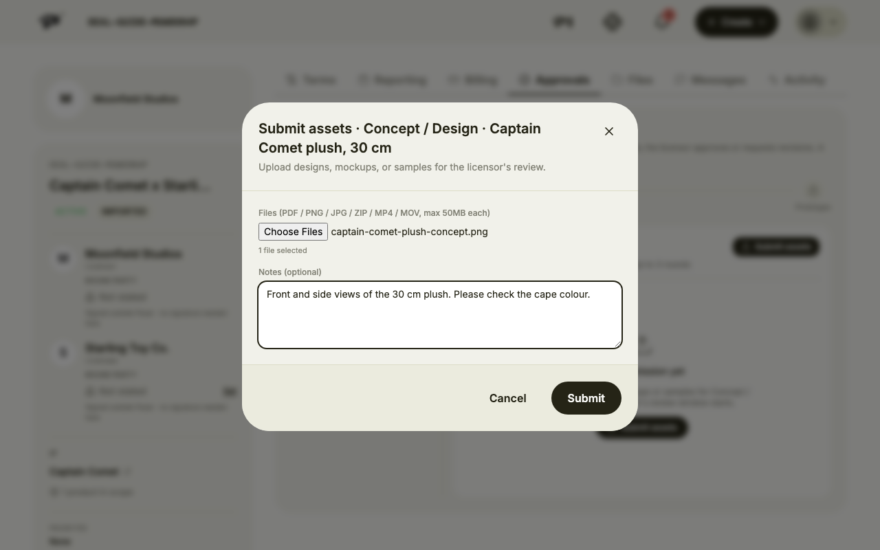 Submit assets with a concept image and a note