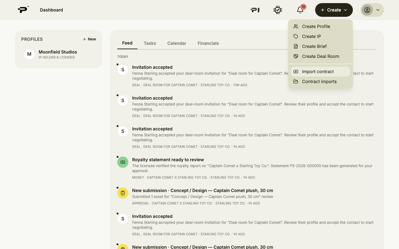 The Create menu open, with Import contract highlighted