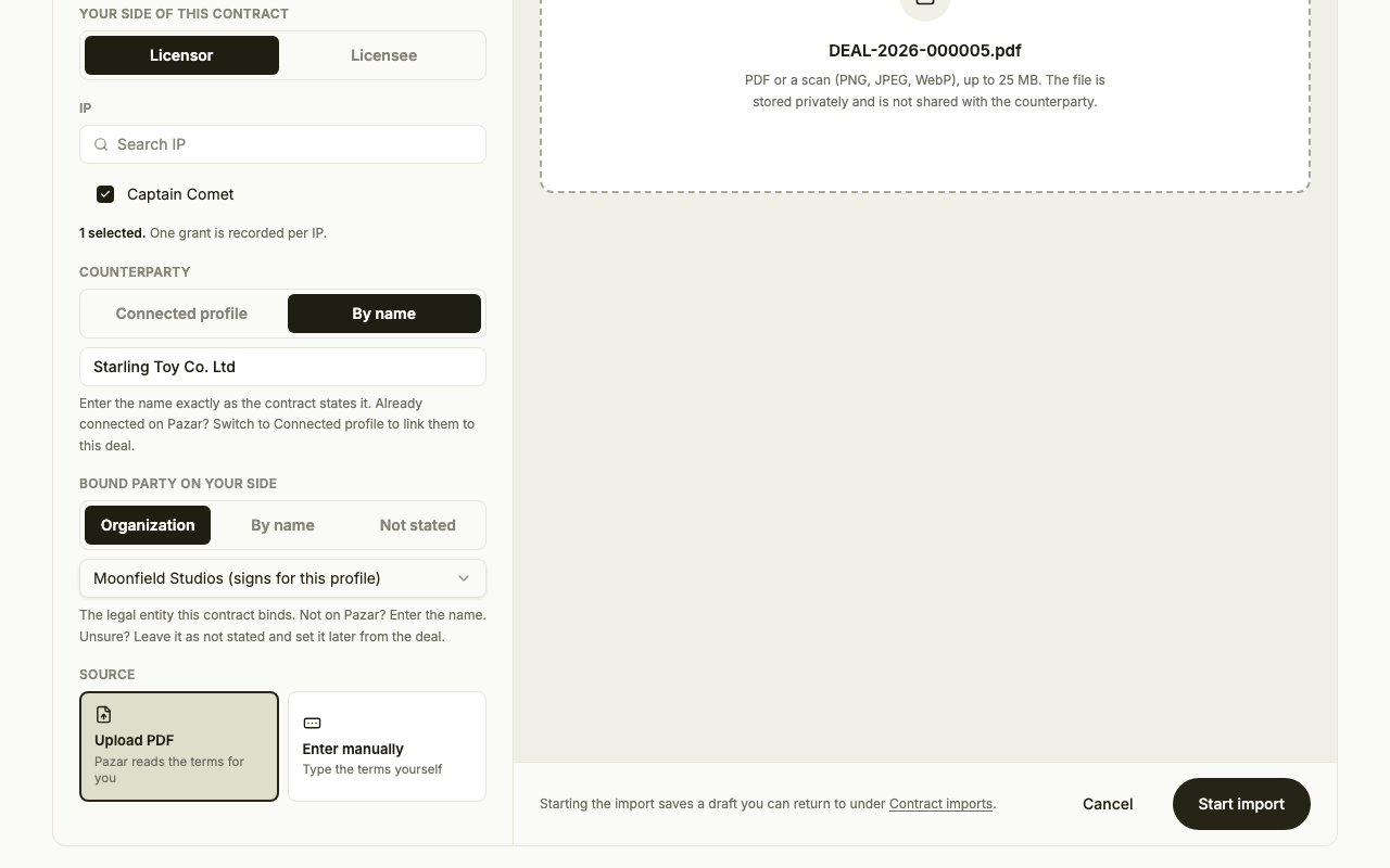 Upload PDF chosen as the source, next to the drop zone and Start import