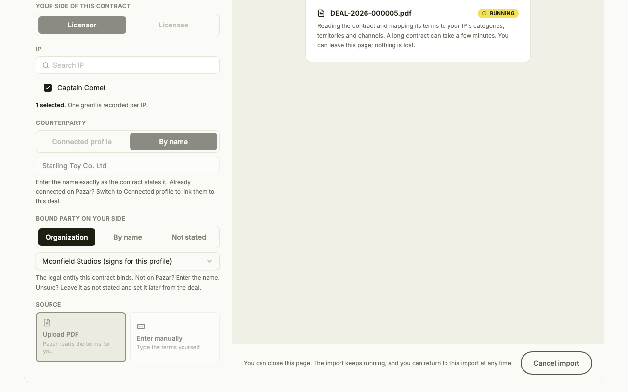 The import running, reading the contract