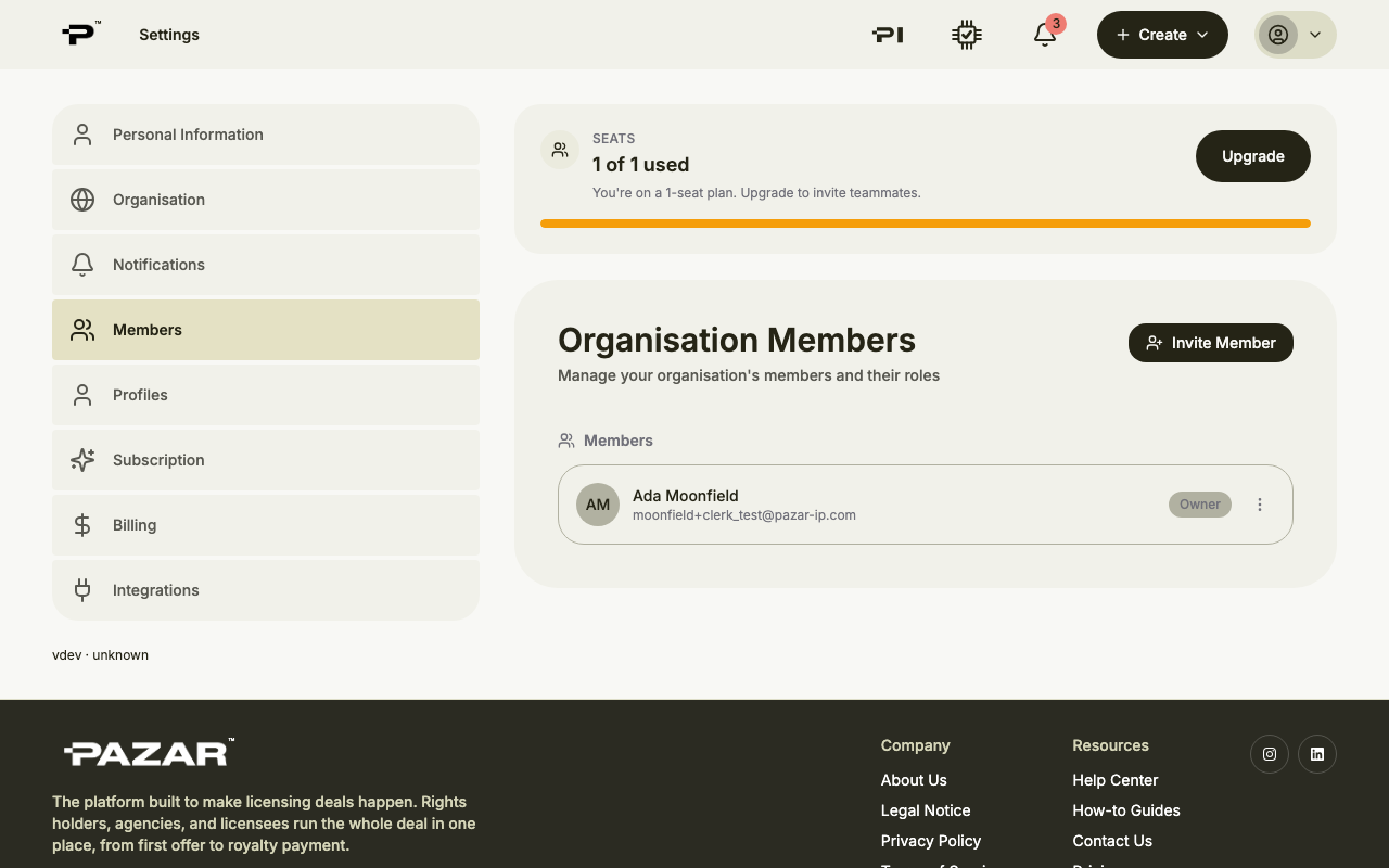 The Members page in Settings, with the seat count at the top