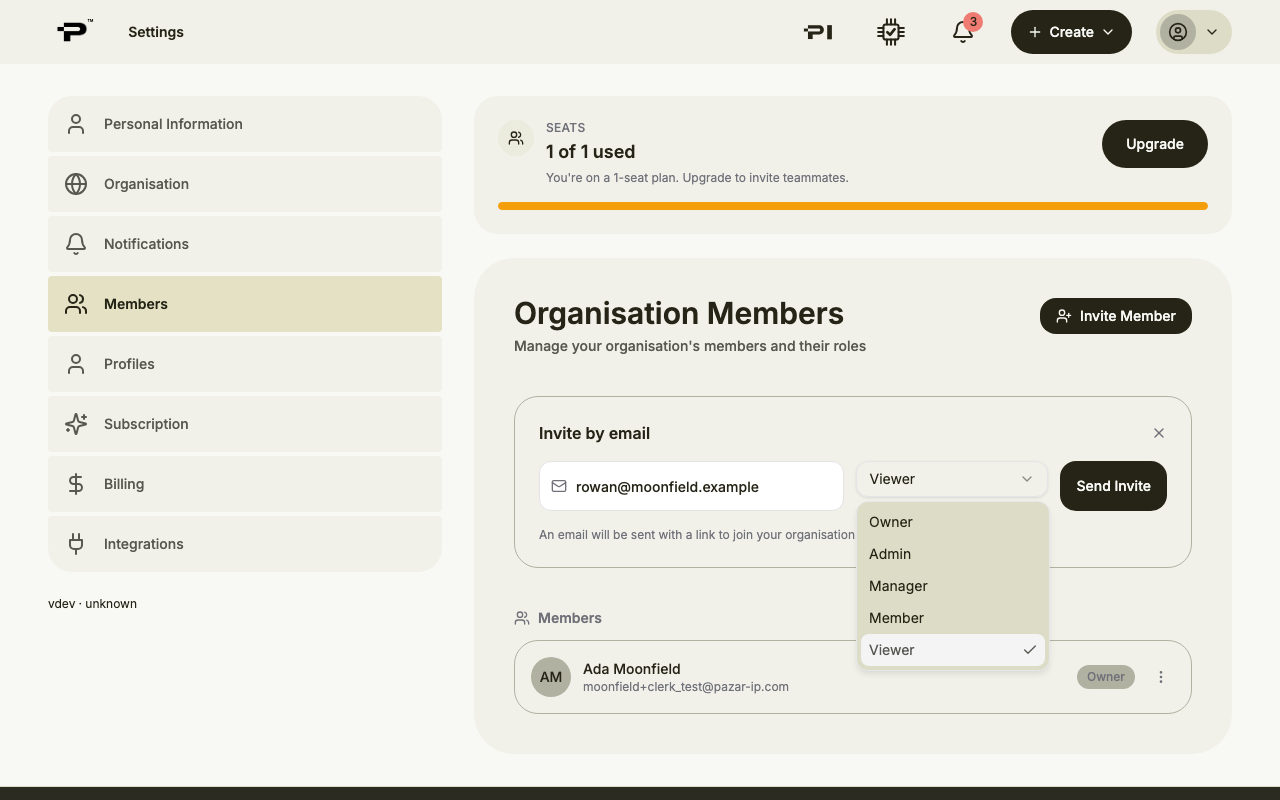 The role list open next to the email field