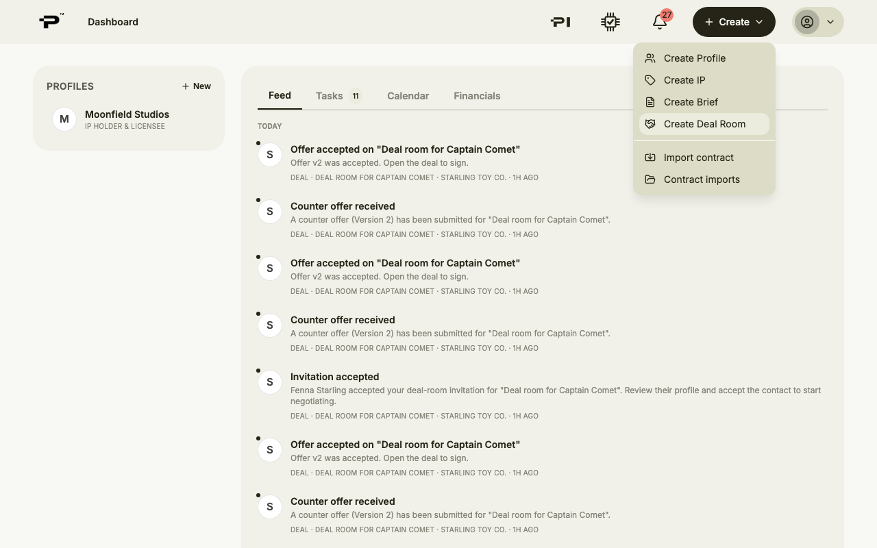 The Create menu with Create Deal Room highlighted