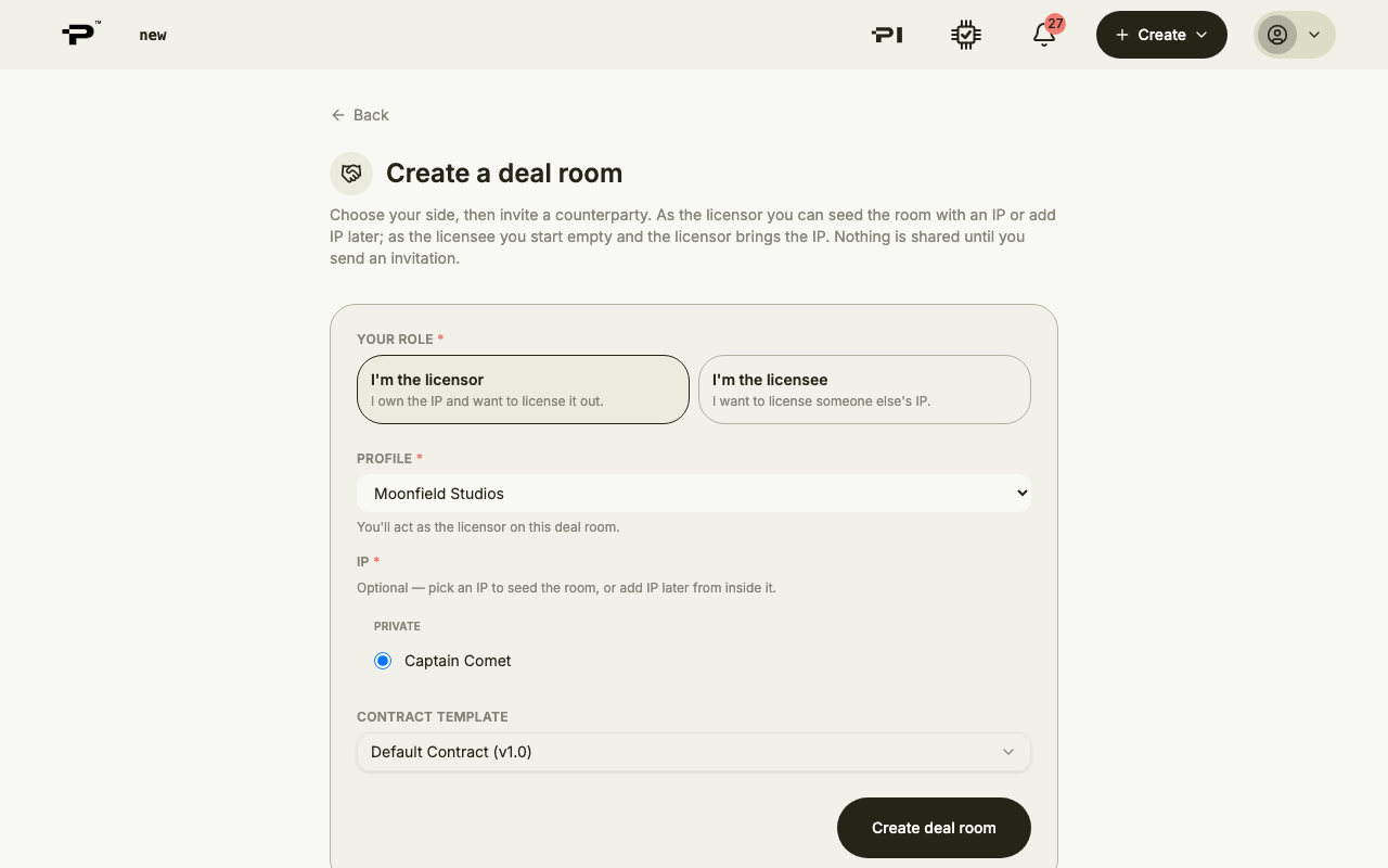 Create a deal room with I'm the licensor chosen