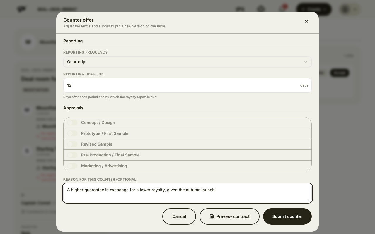 The Counter offer form with a reason filled in