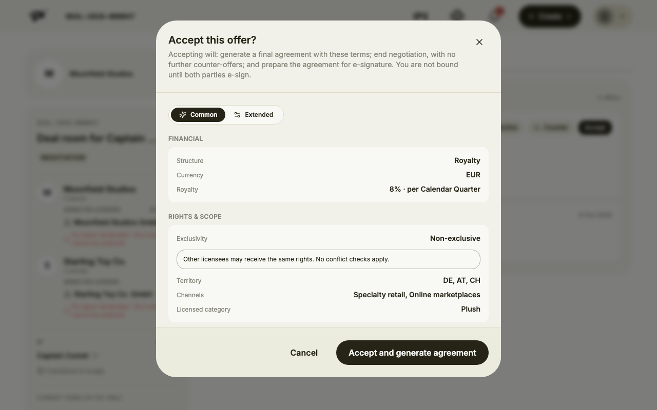 Accept this offer, with Accept and generate agreement