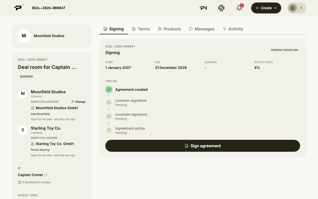 The Signing tab with its timeline and Sign agreement
