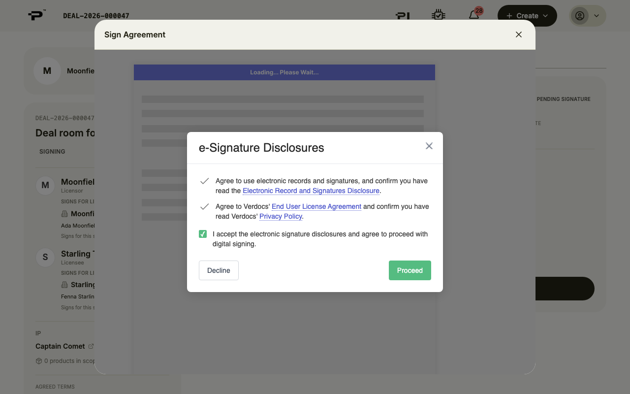 The e-signature disclosures with the acceptance ticked and Proceed