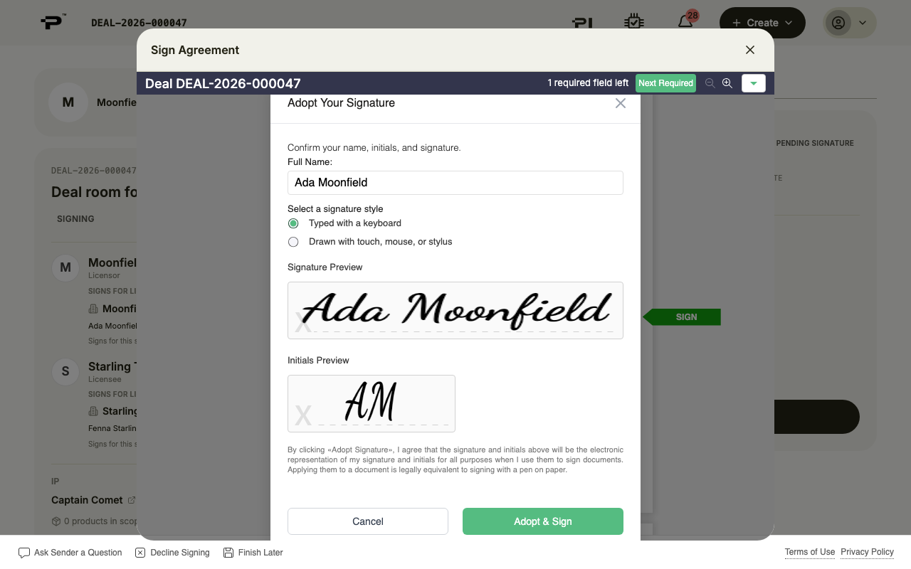 Adopt Your Signature with the name filled in and previews of the signature and initials