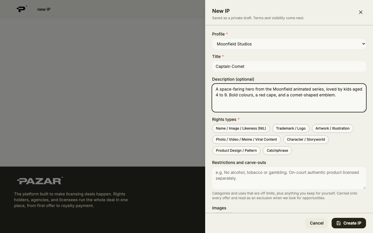 The New IP panel with a title and description filled in