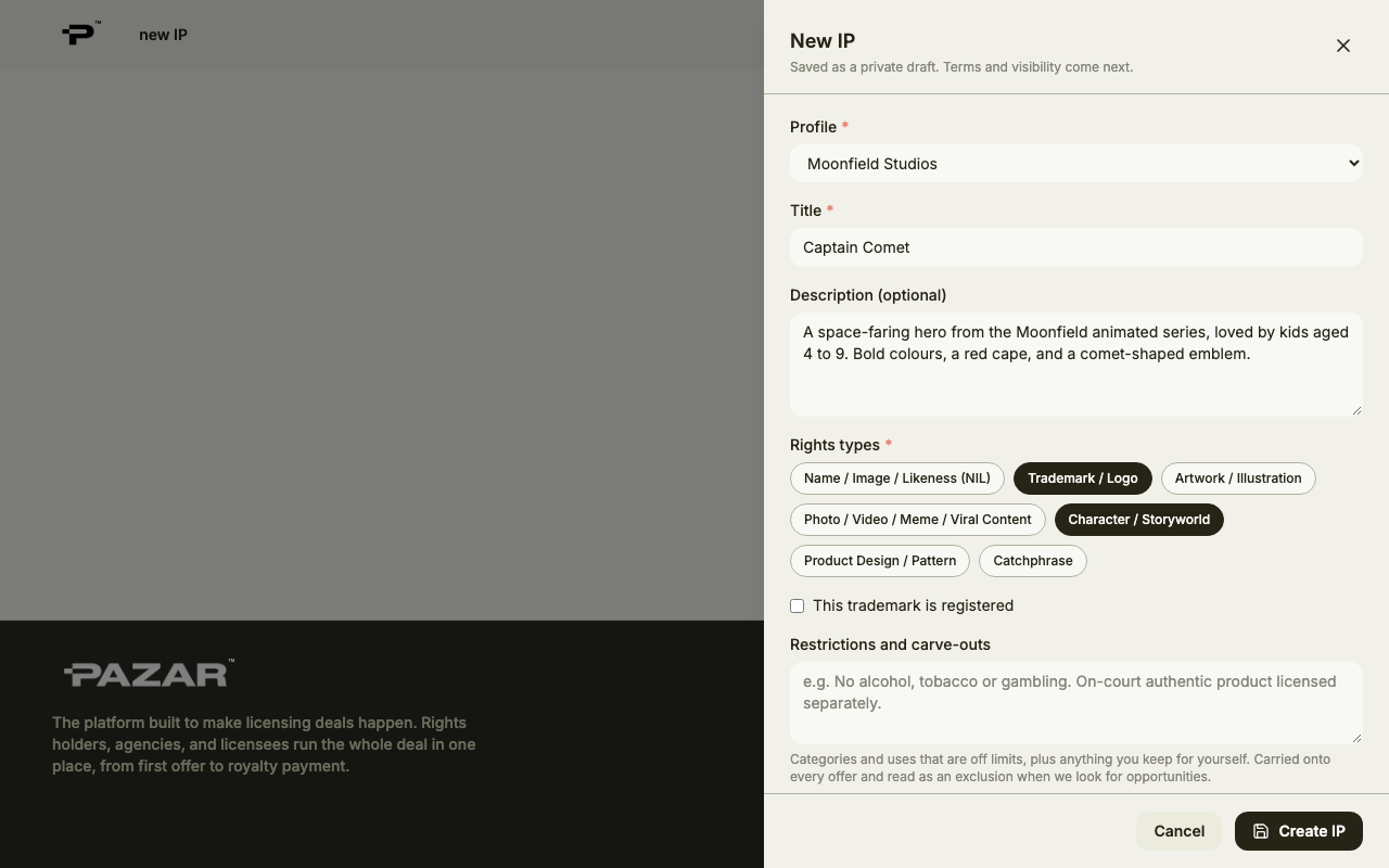 Rights types with Trademark / Logo and Character / Storyworld selected