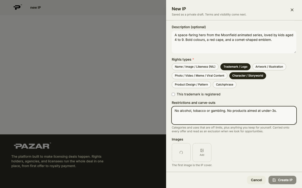 Restrictions filled in and a cover image uploaded