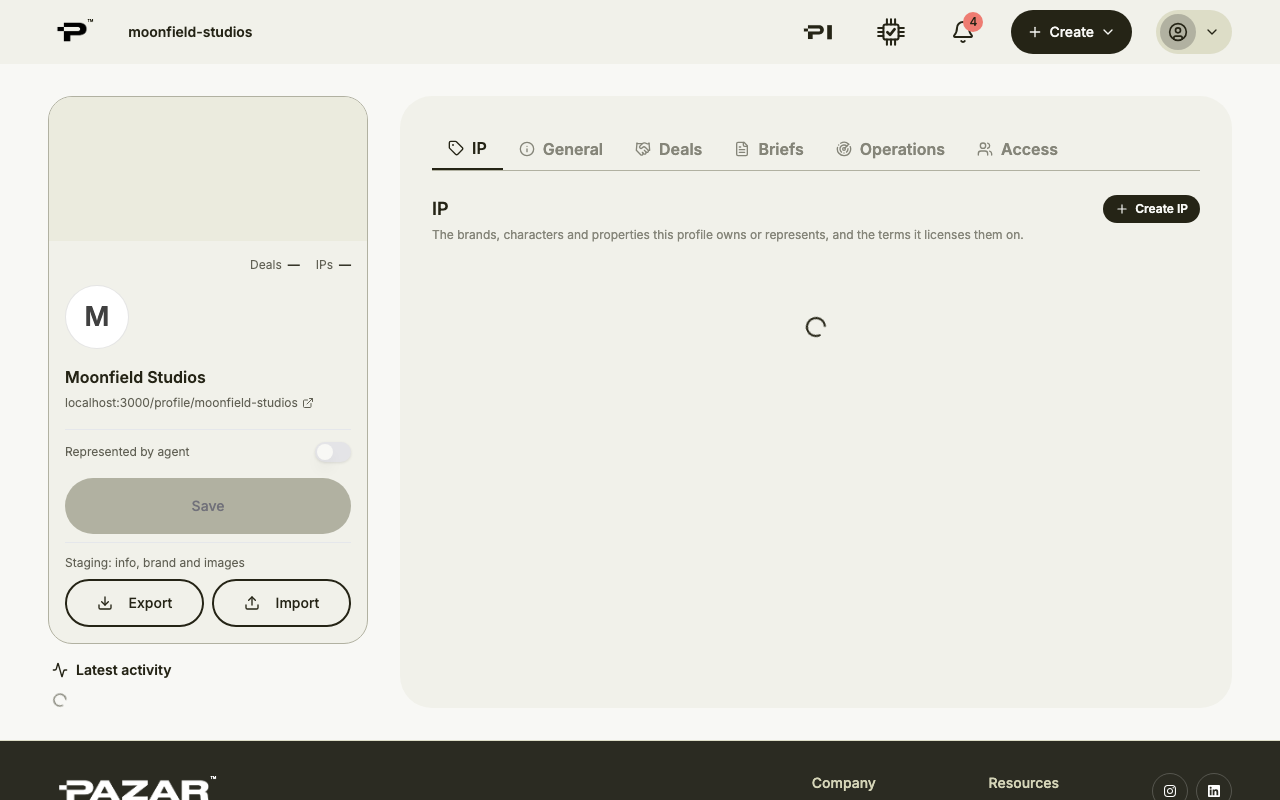 A profile page with its IP, General, Deals, Briefs, Operations and Access tabs