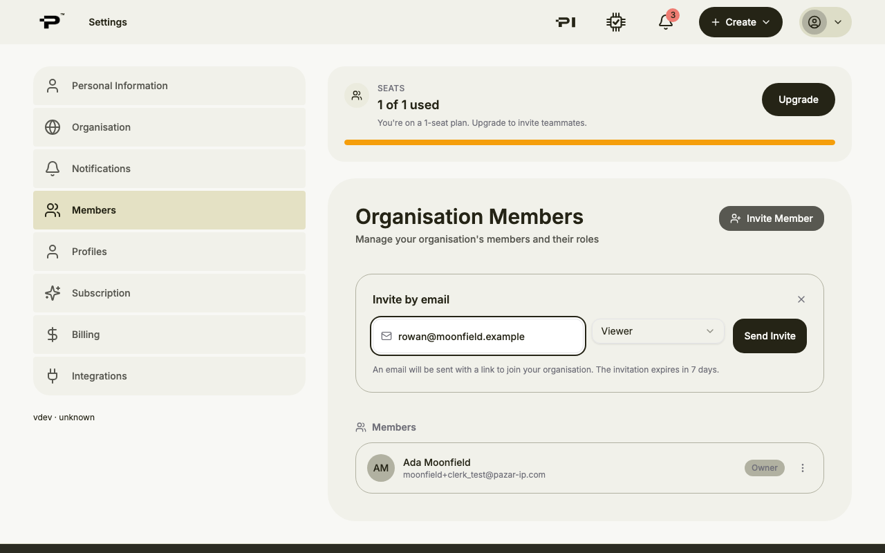 The Invite by email panel with a colleague's address filled in
