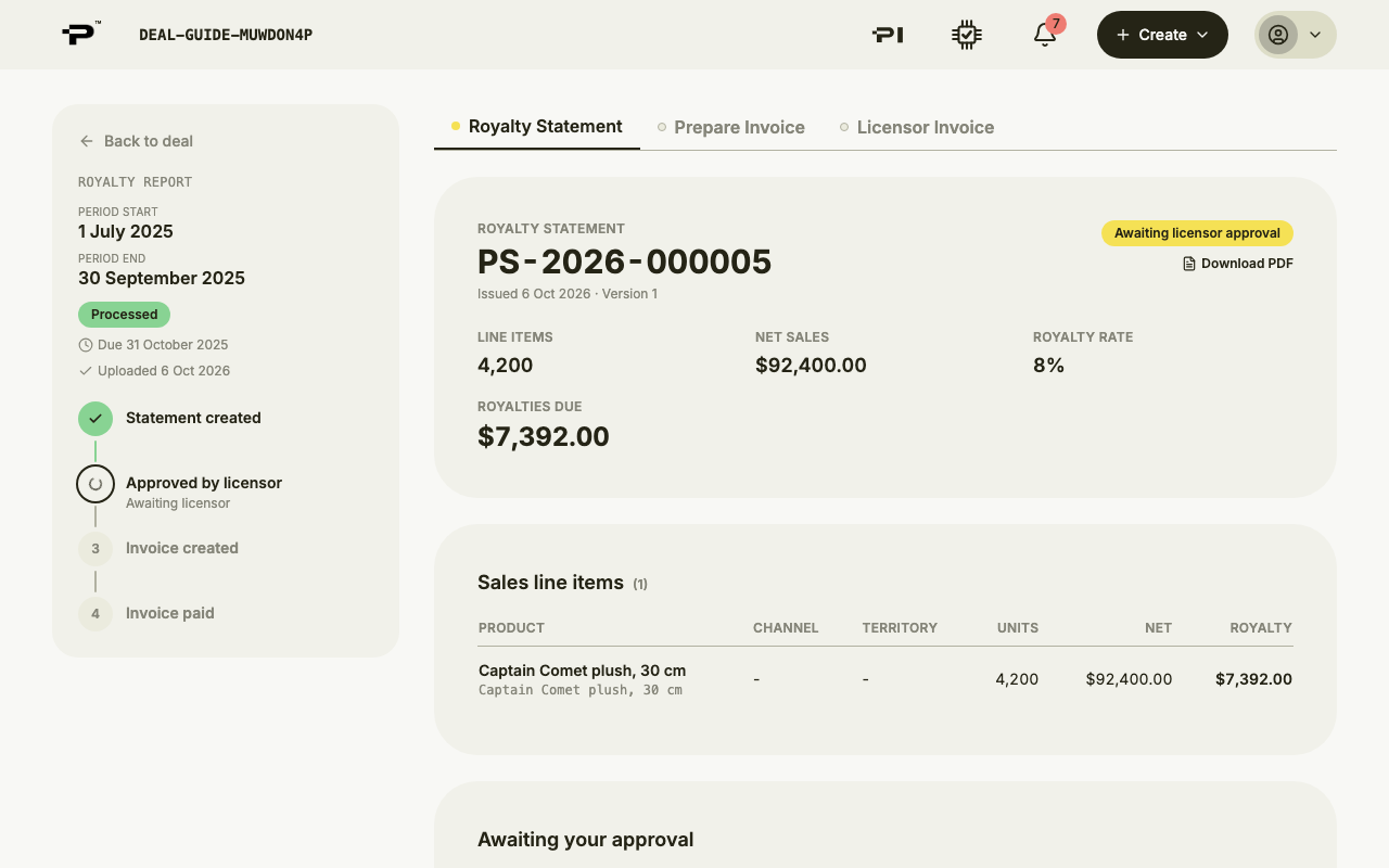 The royalty statement awaiting approval